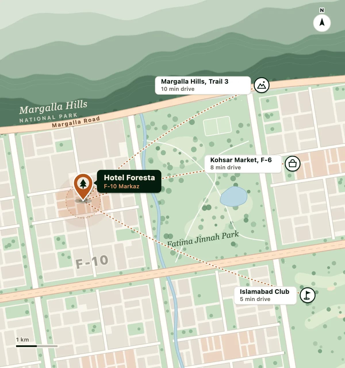 Map of F-10 Markaz, Islamabad, showing Hotel Foresta with Margalla Hills Trail 3, Kohsar Market and Islamabad Club nearby